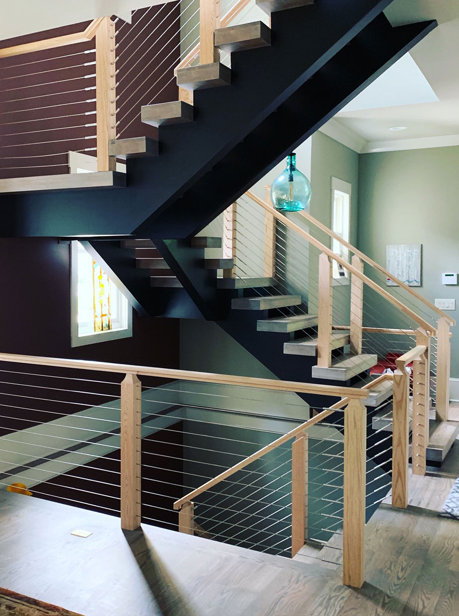 wood and cable balustrade for floating modern stairs designs