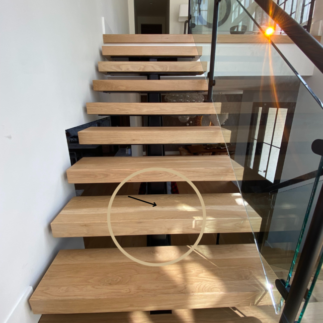 wooden mono stringer stairway designs with glass balustrade